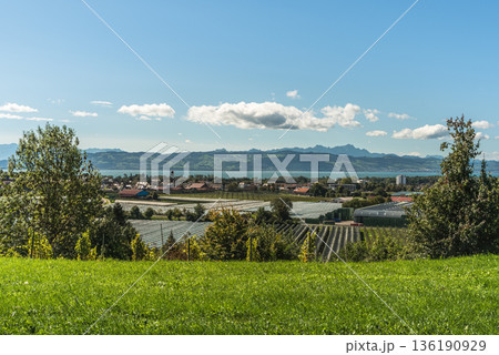 Panoramic view of Kressbronn and Lake Constance with Alpstein mountains and Saentis peak, Germany Panoramic view of Kressbronn and Lake Constance with Alpstein mountains and Saentis peak, Germany 136190929
