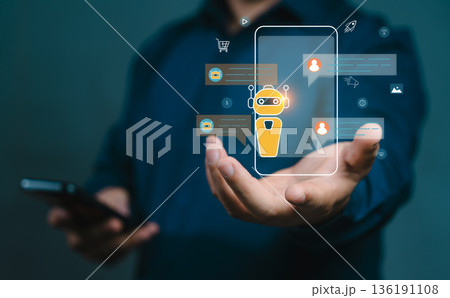 Businessman using smartphone with digital chatbot and financial data graph. Concept of AI technology, business growth and innovation. 136191108