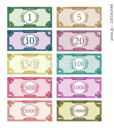 Money for game on a white background,Printable play money from 1 to 10000.banknotes design,Vector  illustrations. 136191449
