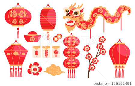 Chinese Lantern Festival illustration set with lanterns dragon plum blossom clouds and traditional symbols Chinese Lantern Festival illustration set with lanterns dragon plum blossom clouds and traditional symbols 136191491