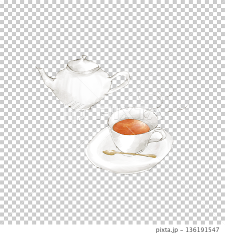 紅茶の入ったティーカップとティーポット 136191547