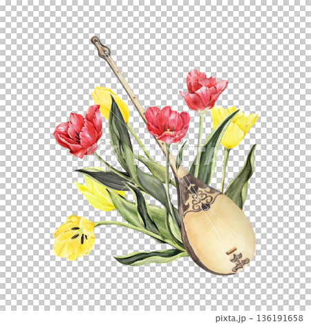 Traditional musical instrument dombra with spring tulips Traditional musical instrument dombra with spring tulips 136191658