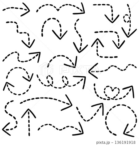 破線一本線の手書き矢印セットのイラスト(黒) 破線一本線の手書き矢印セットのイラスト(黒) 136191918