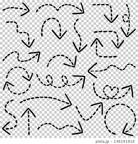 破線一本線の手書き矢印セットのイラスト(黒) 破線一本線の手書き矢印セットのイラスト(黒) 136191918