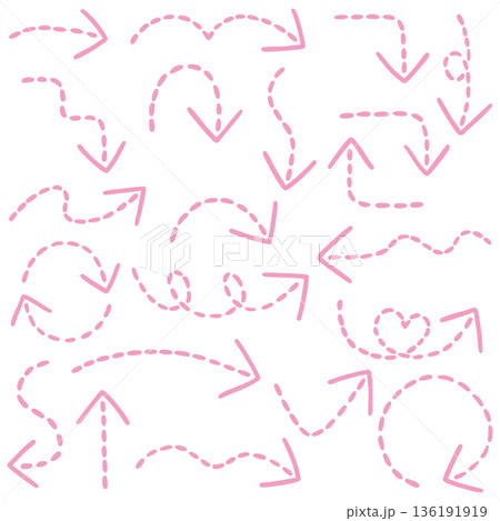 破線一本線の手書き矢印セットのイラスト（ピンク） 136191919