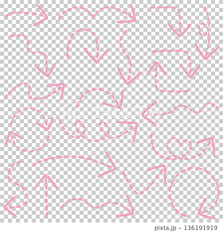 Illustration of a set of hand-drawn arrows with a single dashed line (pink) Illustration of a set of hand-drawn arrows with a single dashed line (pink) 136191919