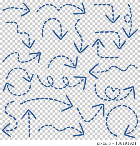 Illustration of a set of hand-drawn arrows with single dashed lines (dark blue) Illustration of a set of hand-drawn arrows with single dashed lines (dark blue) 136191921