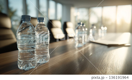 Bottled drinking water on conference table in modern office meeting room 136191964