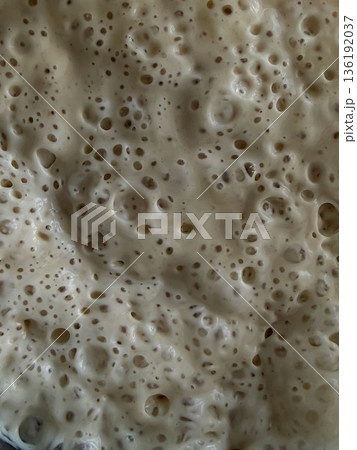 Sourdough Starter Macro Texture Background Fermented Dough Bubbles Close Up Artisan Bread Baking Natural Yeast Culture 136192037