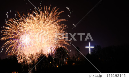 Colorful fireworks at holiday night 136192143