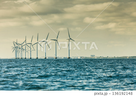 Wind turbines farm in Baltic Sea, Denmark 136192148