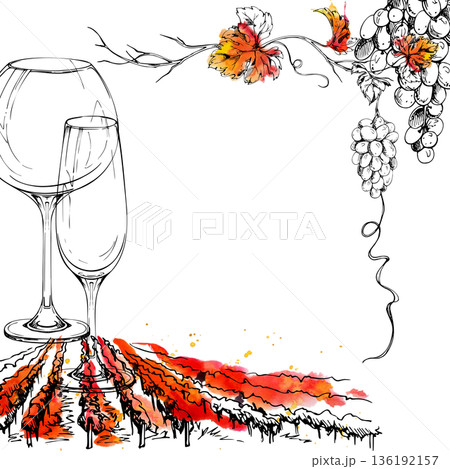 Watercolor and ink corner frame with wine balloon and flute glasses, vineyard landscape, grapevine with leaves and tendrils closeup. Restaurant branding, invitations, menus and packaging decoration. 136192157