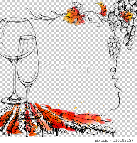 Watercolor and ink corner frame with wine balloon and flute glasses, vineyard landscape, grapevine with leaves and tendrils closeup. Restaurant branding, invitations, menus and packaging decoration. 136192157
