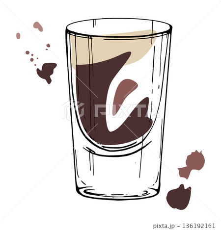 Mini stout-like liqueur shot, coffee drink, chocolate or dark beer with froth or cream top in elegant vector simplicity. Isolated vector art hand drawn in ink for food and drink graphics, cafe board. Mini stout-like liqueur shot, coffee drink, chocolate or dark beer with froth or cream top in elegant vector simplicity. Isolated vector art hand drawn in ink for food and drink graphics, cafe board. 136192161