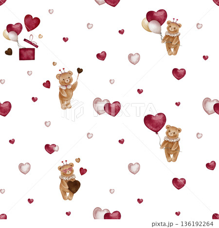 Seamless pattern with Watercolor Cute Teddy Bear Holding balloon and heart. Repeat ornament with Valentine Brown bear toy with vintage Jabot collar and gift. Illustration hand drawn on isolated. Seamless pattern with Watercolor Cute Teddy Bear Holding balloon and heart. Repeat ornament with Valentine Brown bear toy with vintage Jabot collar and gift. Illustration hand drawn on isolated. 136192264