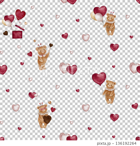 Seamless pattern with Watercolor Cute Teddy Bear Holding balloon and heart. Repeat ornament with Valentine Brown bear toy with vintage Jabot collar and gift. Illustration hand drawn on isolated. 136192264