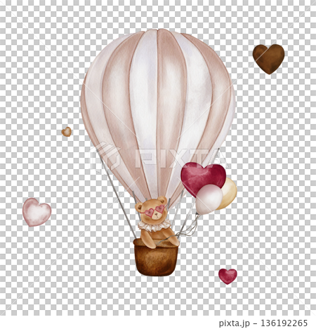 Watercolor pink Air Balloons with basket and bear. Hand drawn illustration for Children design in Cartoon style. Vintage Aircraft with hot air and hearts for icon or logo in pastel colors for kids. 136192265