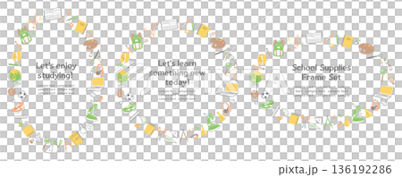 一套圓形邊框的文具和學習用品插圖，展現了校園生活。 136192286