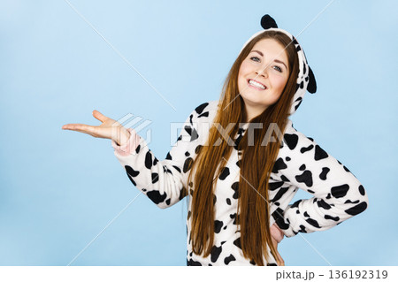 Woman wearing pajamas cartoon open hand 136192319