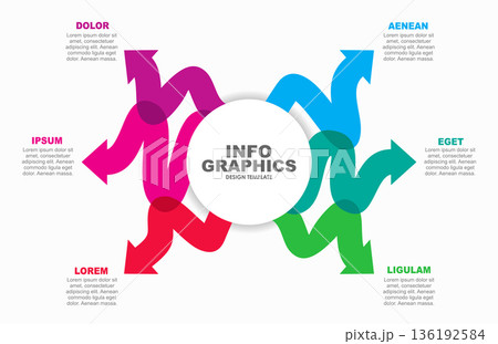 Dynamic radial infographic template with six colorful wavy arrows . Vector illustration. Dynamic radial infographic template with six colorful wavy arrows . Vector illustration. 136192584