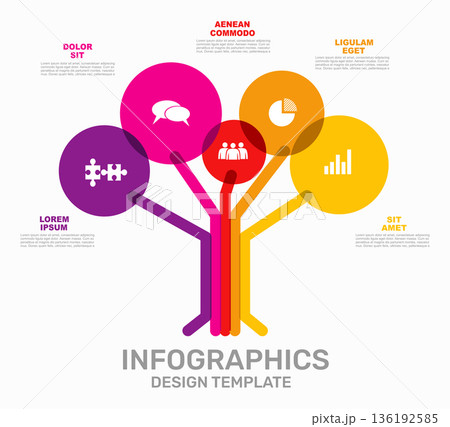 Tree-shaped infographic template with colorful branches and circular nodes containing icons. Vector illustration. 136192585