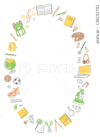 学校生活の文房具や道具のイラストの縦長丸フレーム 136192782
