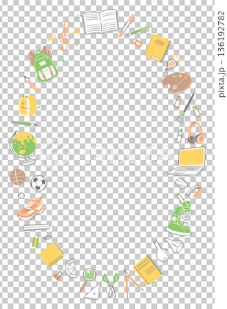 学校生活の文房具や道具のイラストの縦長丸フレーム 136192782