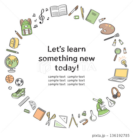 学校生活の文房具や道具の線画イラストの丸フレーム 136192785