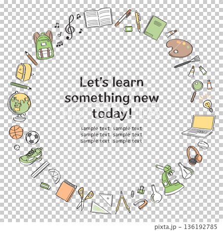 学校生活の文房具や道具の線画イラストの丸フレーム 136192785