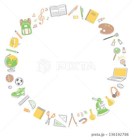学校生活の文房具や道具のイラストの丸フレーム 136192786