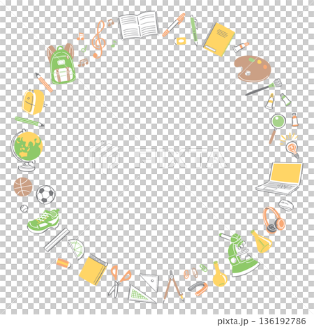 学校生活の文房具や道具のイラストの丸フレーム 136192786