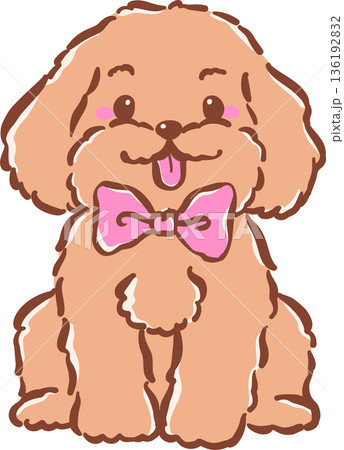 Cute Happy Cavoodle Dog  with Pink Bow Tie Smiling  Tongue Out Hand Drawn Cartoon Whimsical 136192832