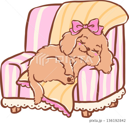 Adorable cozy home sleeping cavoodle dog on pink couch armchair with blanket hand drawn girly cartoon Whimsical Adorable cozy home sleeping cavoodle dog on pink couch armchair with blanket hand drawn girly cartoon Whimsical 136192842