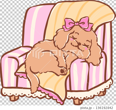 Adorable cozy home sleeping cavoodle dog on pink couch armchair with blanket hand drawn girly cartoon Whimsical Adorable cozy home sleeping cavoodle dog on pink couch armchair with blanket hand drawn girly cartoon Whimsical 136192842