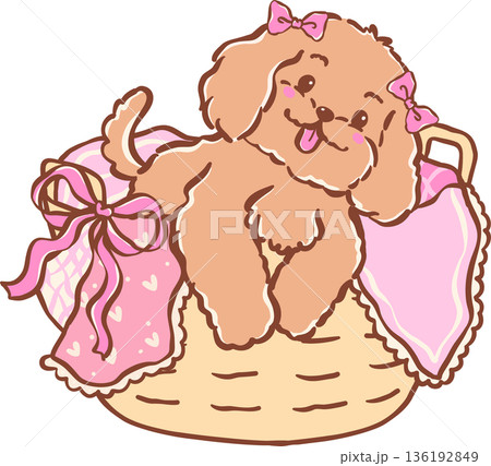Adorable cozy home happy cavoodle dog in basket hand drawn girly cartoon Whimsical 136192849