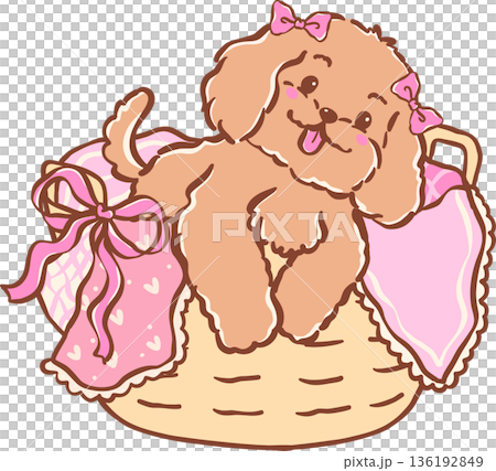 Adorable cozy home happy cavoodle dog in basket hand drawn girly cartoon Whimsical 136192849