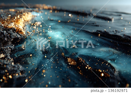 Abstract Aqua and Gold Liquid Art for Design and Print Generative AI 136192971