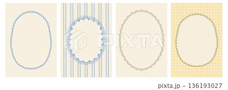 Vintage hand drawn scalloped frame background templates with pastel stripes and grid patterns. Soft retro decorative borders for invitations, stationery, branding, spring design. Vector illustration. Vintage hand drawn scalloped frame background templates with pastel stripes and grid patterns. Soft retro decorative borders for invitations, stationery, branding, spring design. Vector illustration. 136193027