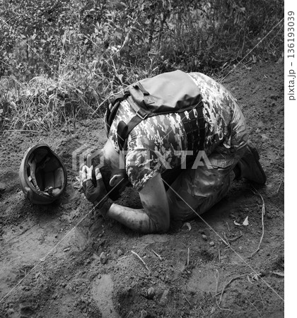 Sad soldier cry on the ground Sad soldier cry on the ground 136193039