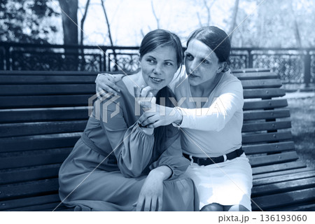 Girls gossiping on a bench in the park Girls gossiping on a bench in the park 136193060