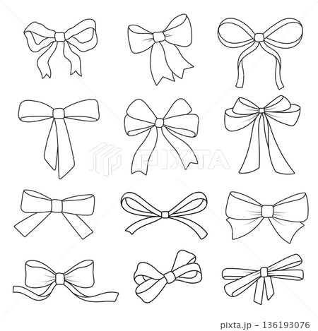 Elegant ribbon bow outline collection featuring decorative gift bows and flowing ribbon tie designs isolated on white 136193076