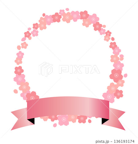 ピンクの桜の花のリースとリボンのイラスト素材。 136193174