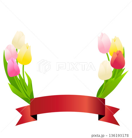 チューリップの花のリースとリボンのイラスト素材。 136193178