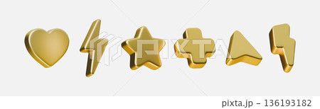 3D rendered cursor pointer with thunder flash and heart symbols. Glossy golden icons featuring geometric shapes, plus signs, and abstract elements for digital interface design. 136193182