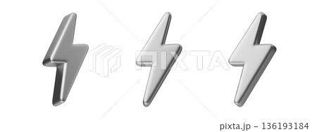 Silver 3D lightning bolt icon with chrome finish. Thunderbolt symbol for energy concepts, electric power designs, and futuristic digital graphics with metallic texture. Silver 3D lightning bolt icon with chrome finish. Thunderbolt symbol for energy concepts, electric power designs, and futuristic digital graphics with metallic texture. 136193184
