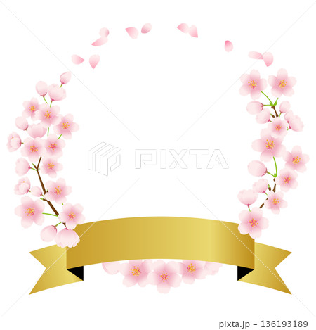 ピンクの桜の花のリースとリボンのイラスト素材。 136193189