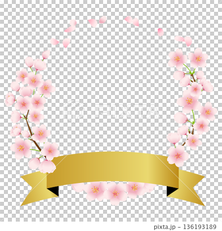 ピンクの桜の花のリースとリボンのイラスト素材。 136193189