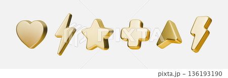 3D icon set with golden cursor arrows, lightning bolts, hearts and stars on white background. Premium glossy tech elements with gradient glow effects for modern UI design. 136193190