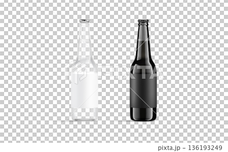 Blank black and white glass beer bottle with label mockup, png, transparent background, 3d rendering. Empty water or soda pack with sticker mock up, cut out. Clear cool vial for refreshing template. 136193249