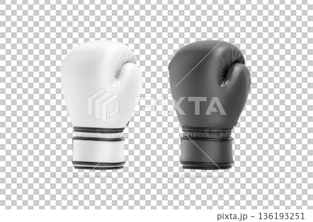Blank black and white boxing gloves mockup, png, transparent background, 3d rendering. Empty protective fight equipment mock up, cut out. Clear sport individual glove uniform for kickboxing template. 136193251